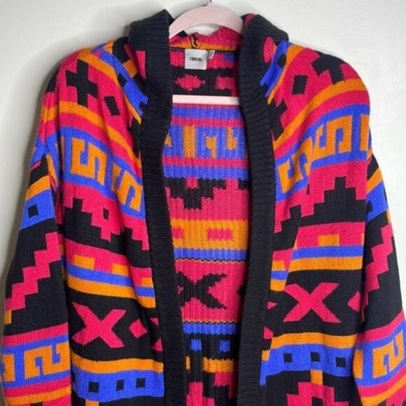 ASOS Size 4 Multicolor Colorful Aztec Southwestern Open Front Hooded Cardigan - Picture 3 of 9